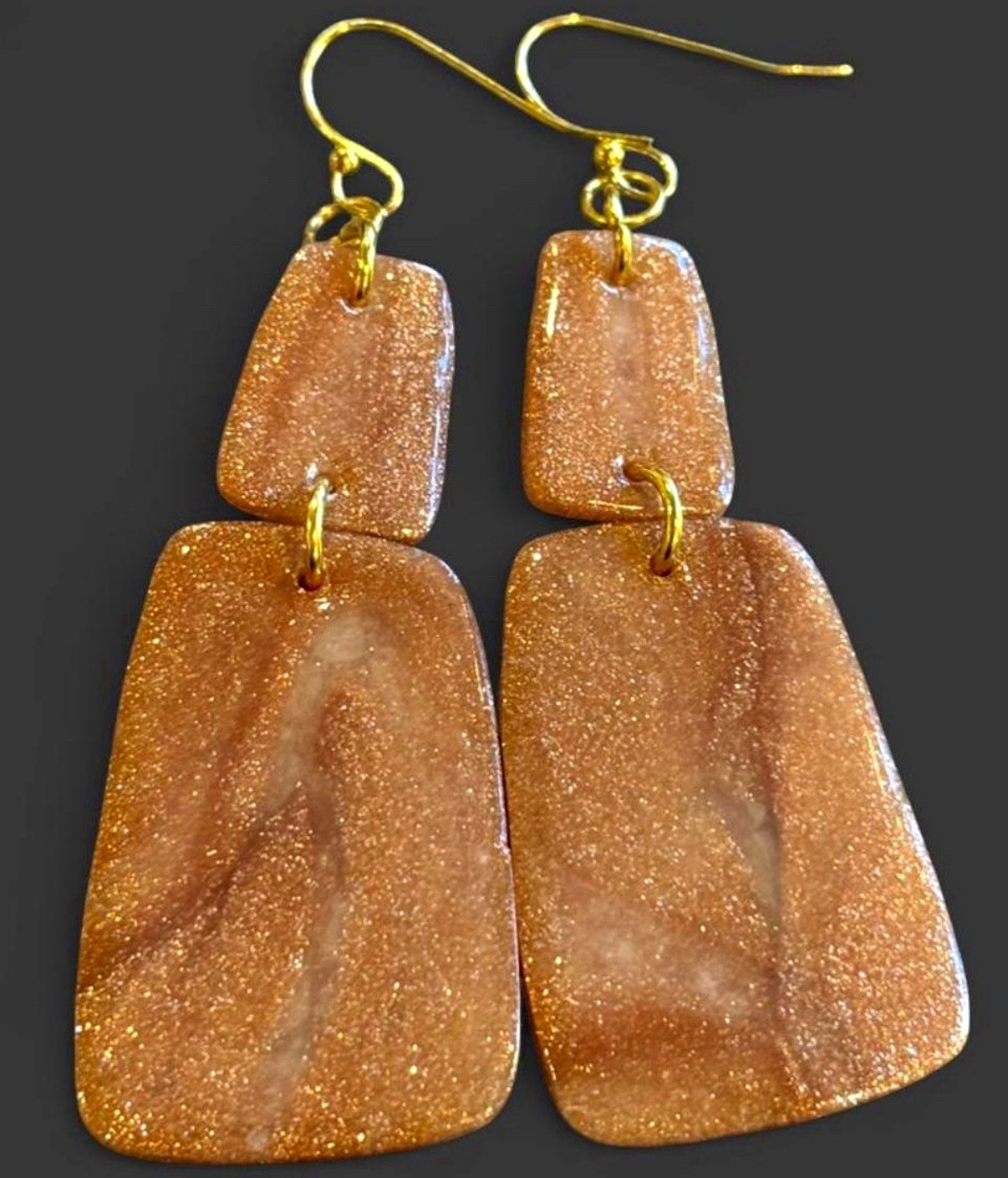 Gold Glitter Resin Rectangle Dangle Drop Hook Earrings 2.75 In No Stone