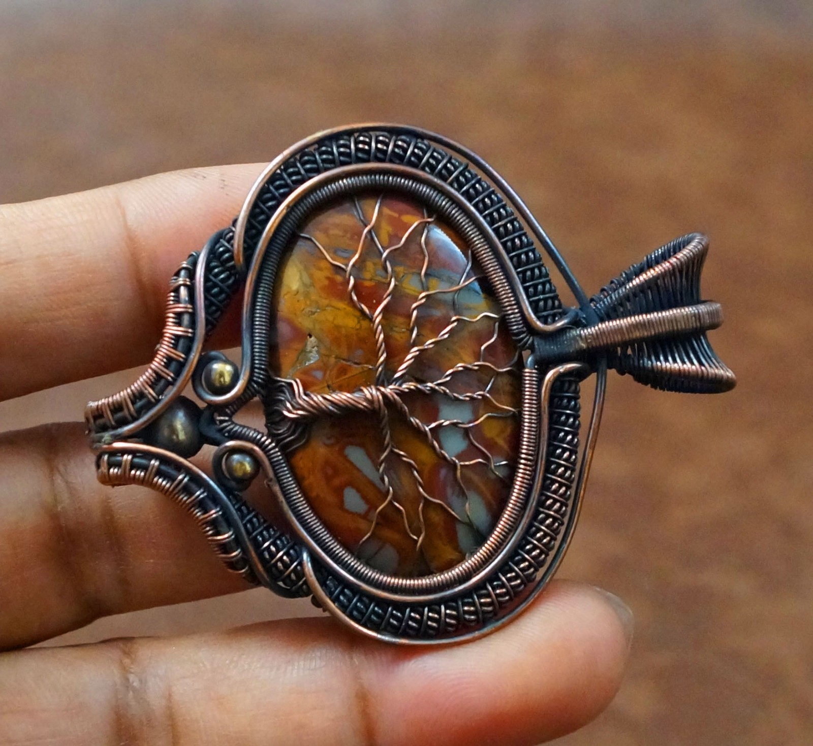 Brown Noreena Jasper Tree of life Copper Wire Pendant Handmade Jewelry (-PD62