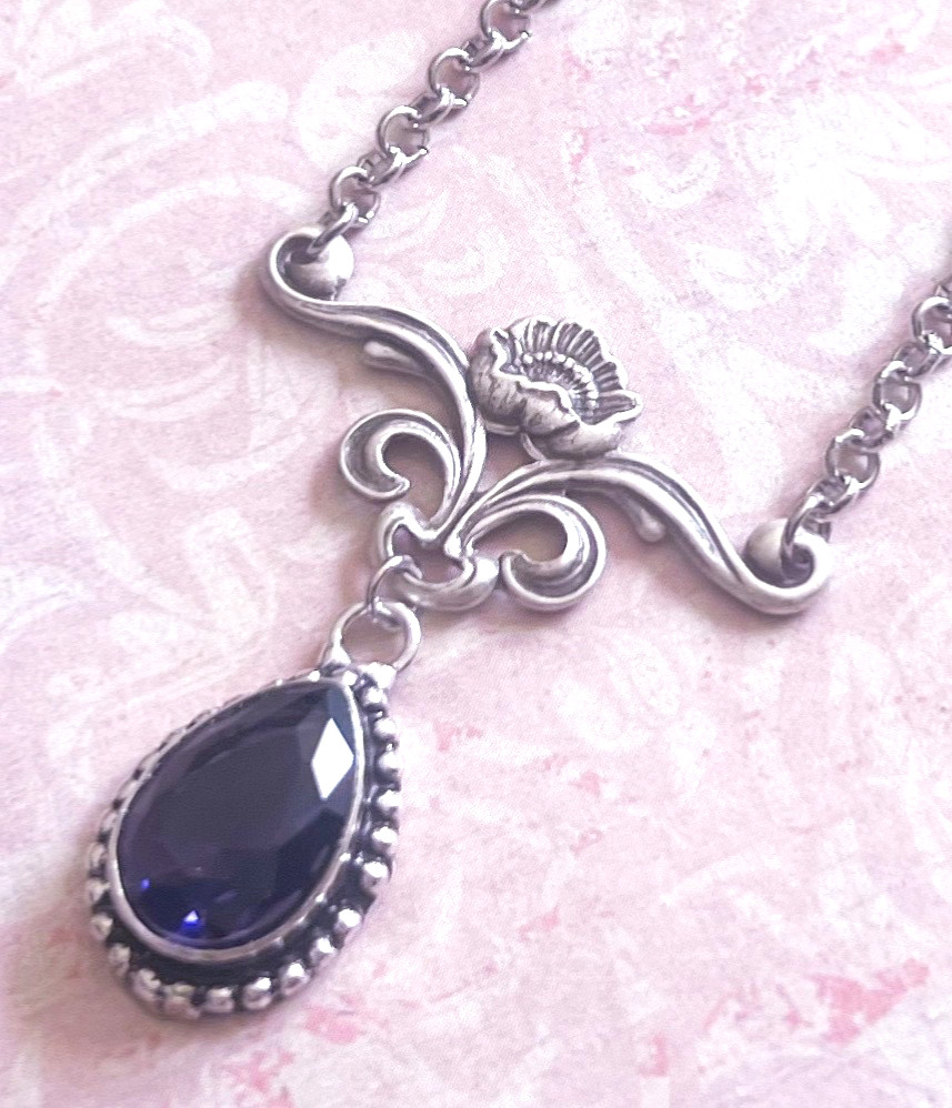 Amethyst Rhinestone Necklace Floral Silver Plated Pendant Art Nouveau Revival