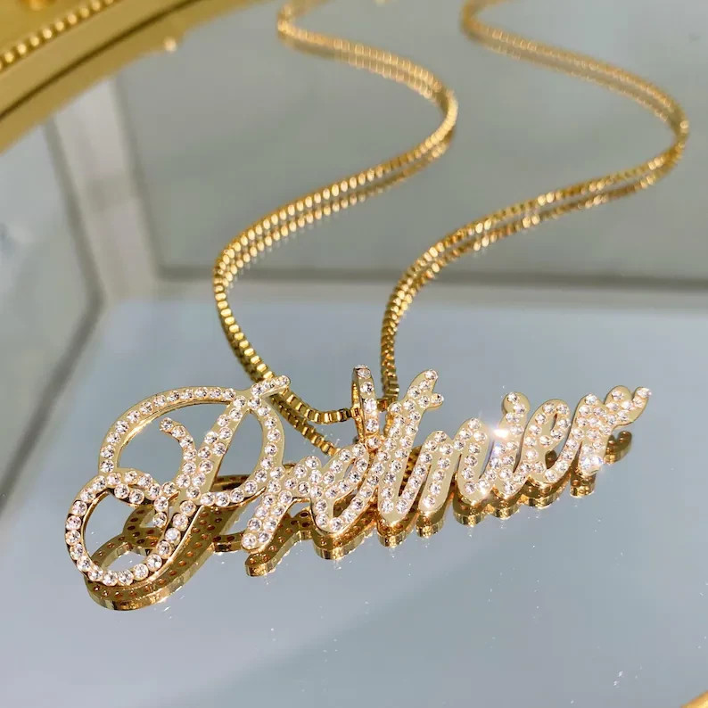 14K Yellow Gold Plated Personalized Name Pendant 3Ct Round Cut Simulated Diamond