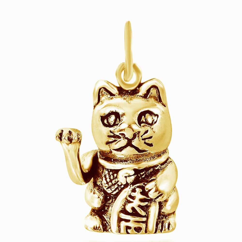 Fashion Maneki Neko Lucky Cat Pendant Necklace 14K Yellow Gold Plated 925 Silver