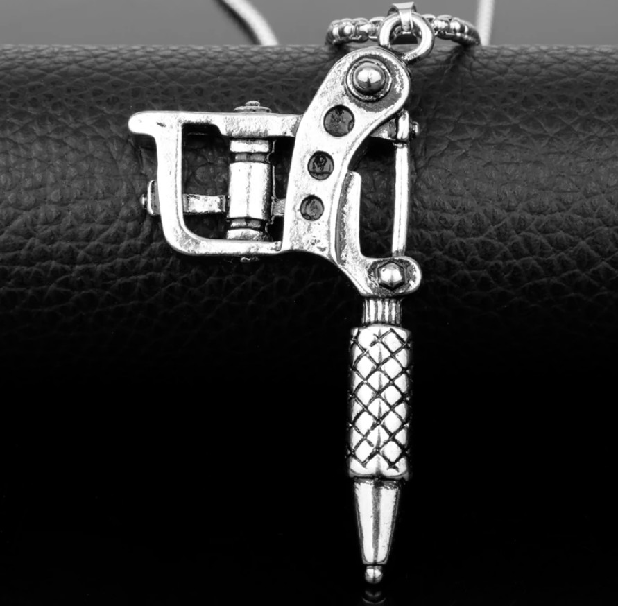 Tattoo Machine Gun SILVER Plated Necklace Ink Needle Rotary Tool Body Artist