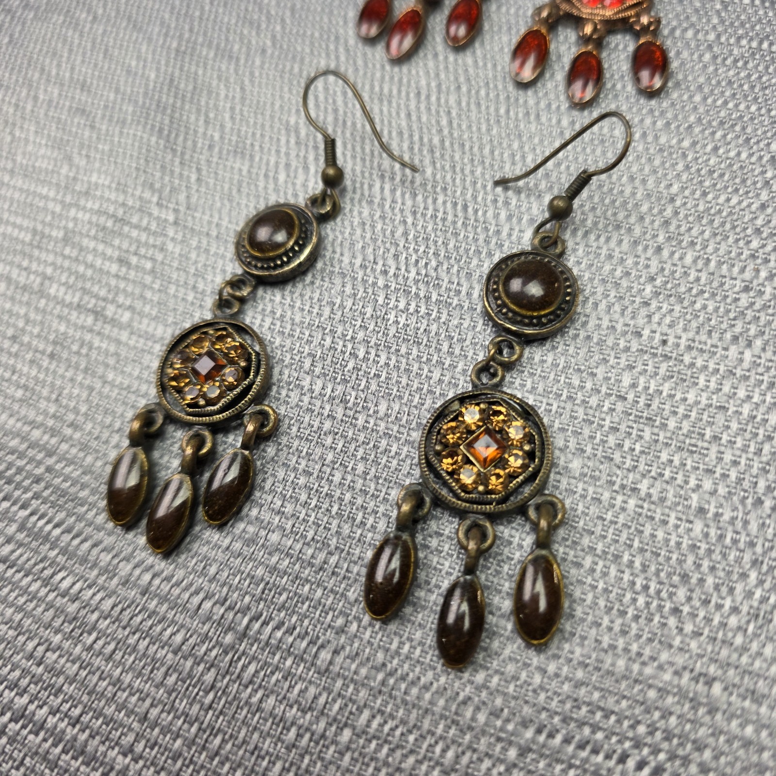 Michal Negrin Earrings Red & Dark Amber Crystals Brass Dangling Antique Lot Of 2