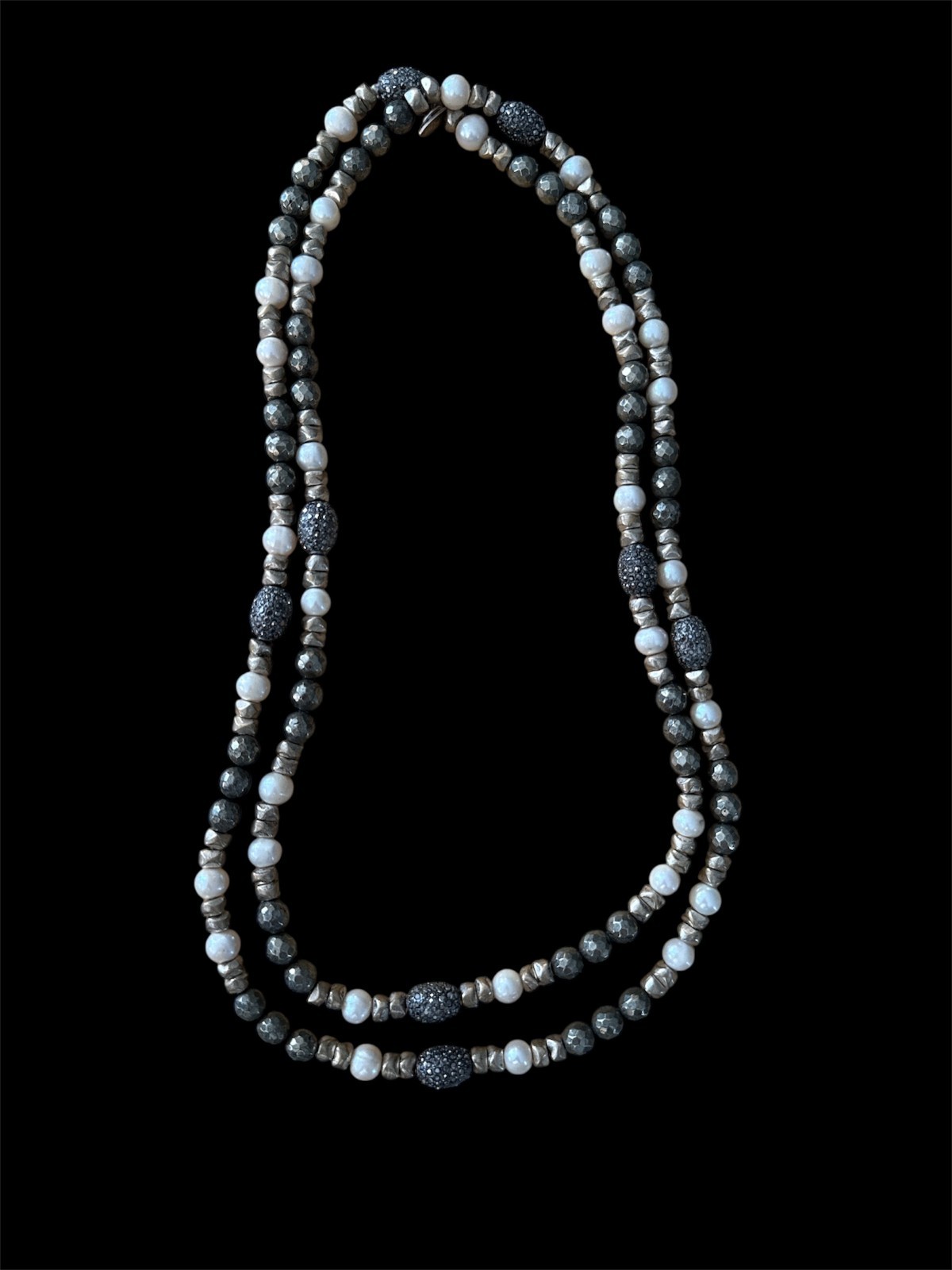 HipChik Couture Long Strand Beaded Necklace Pyrite Pearls Gunmetal Pave Crystals