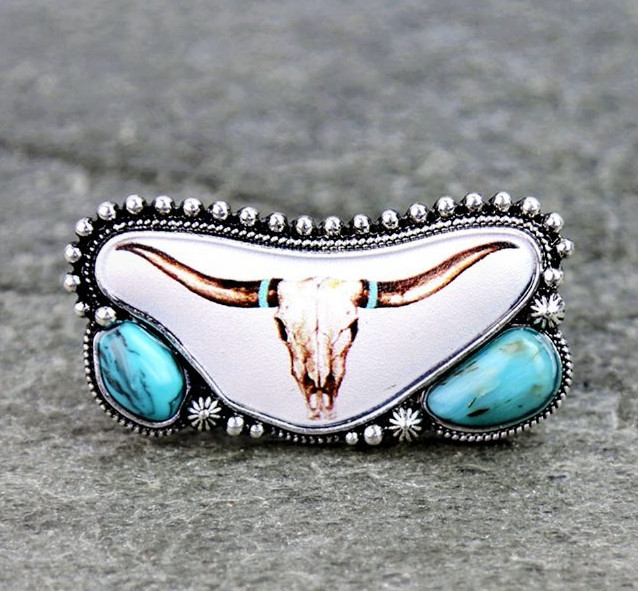 Statement Adjustable Ring Silver Tone Western Longhorn Skull Blue Stone Accent