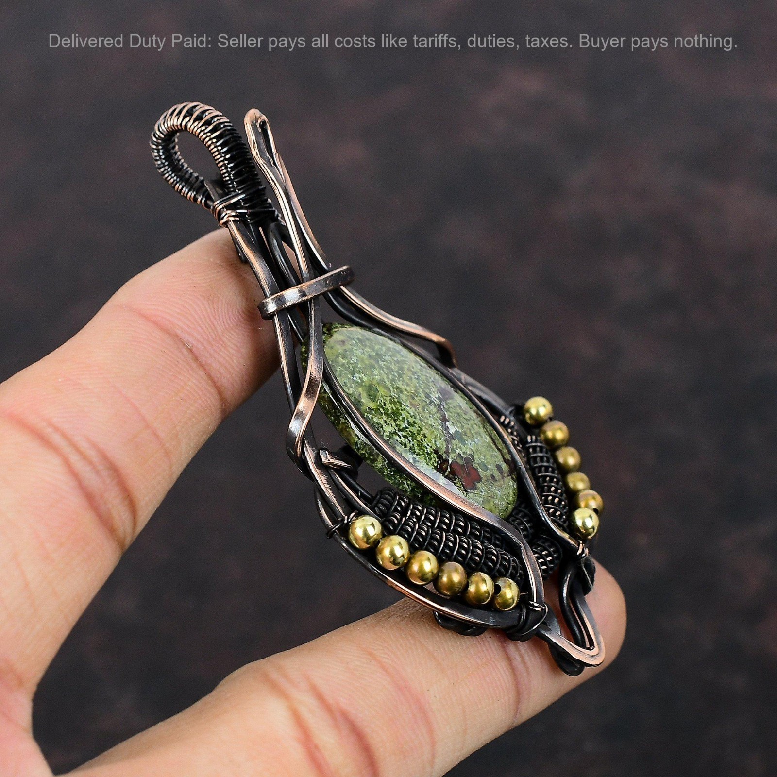 New Year Sale Oval Natural Dragon Bloodstone Copper Wire Wrapped Pendant Jewelry