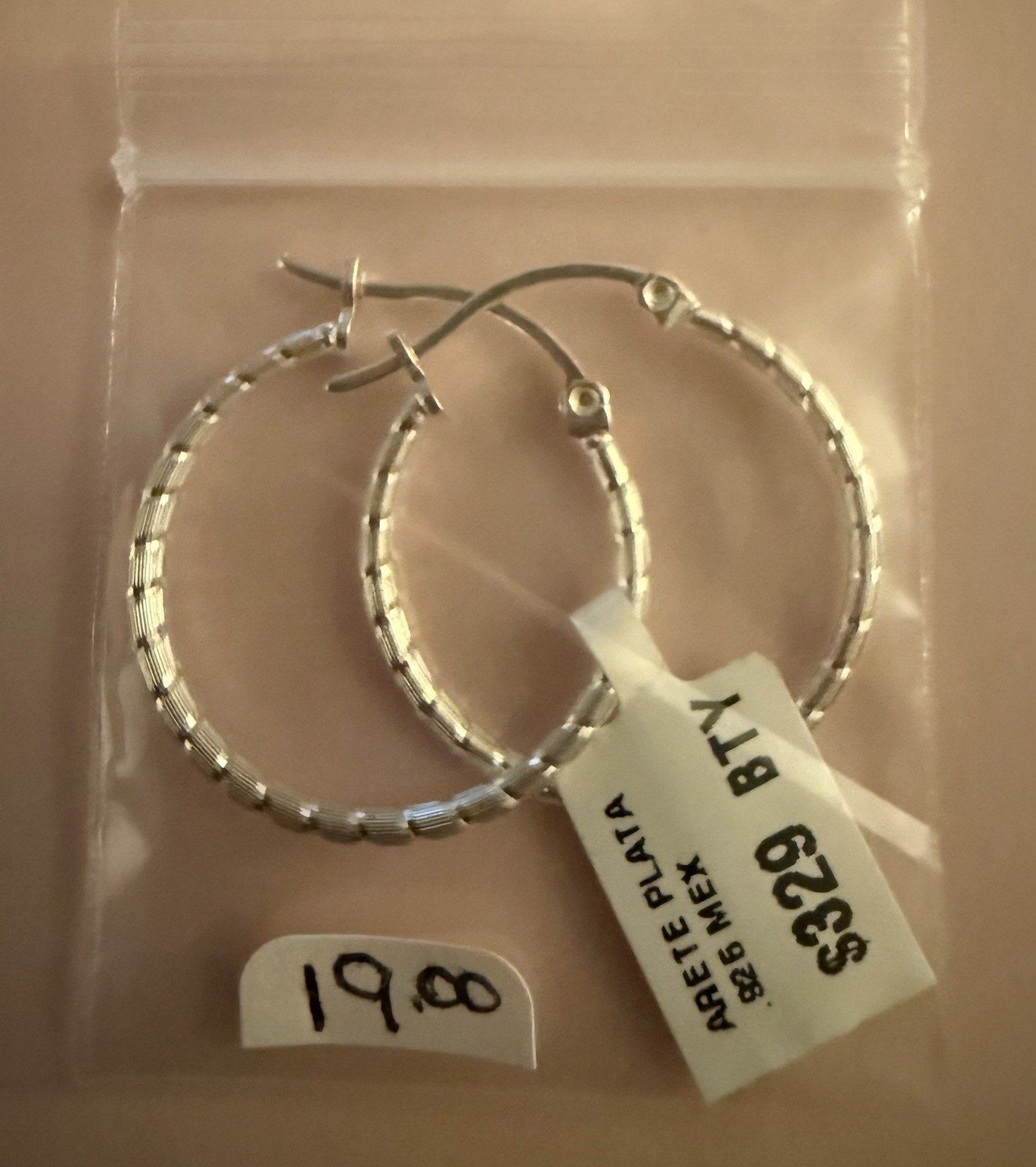 .925 Silver Tone Textured Round Hoop Earrings 1in Latch Back No Stone