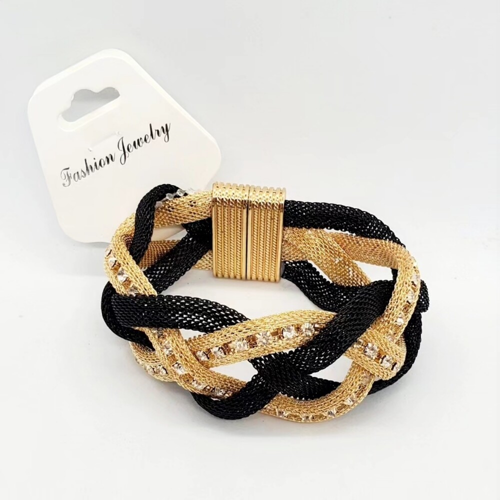 Fashion Jewelry Rhinestone Black & Gold Mesh Braided Bracelet NWT