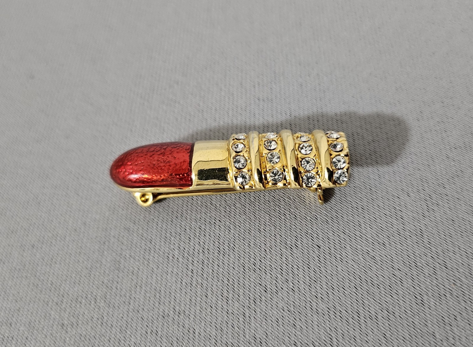 Lipstick Brooch Pin Red Enamel Gold Tone Rhinestones Costume Jewelry
