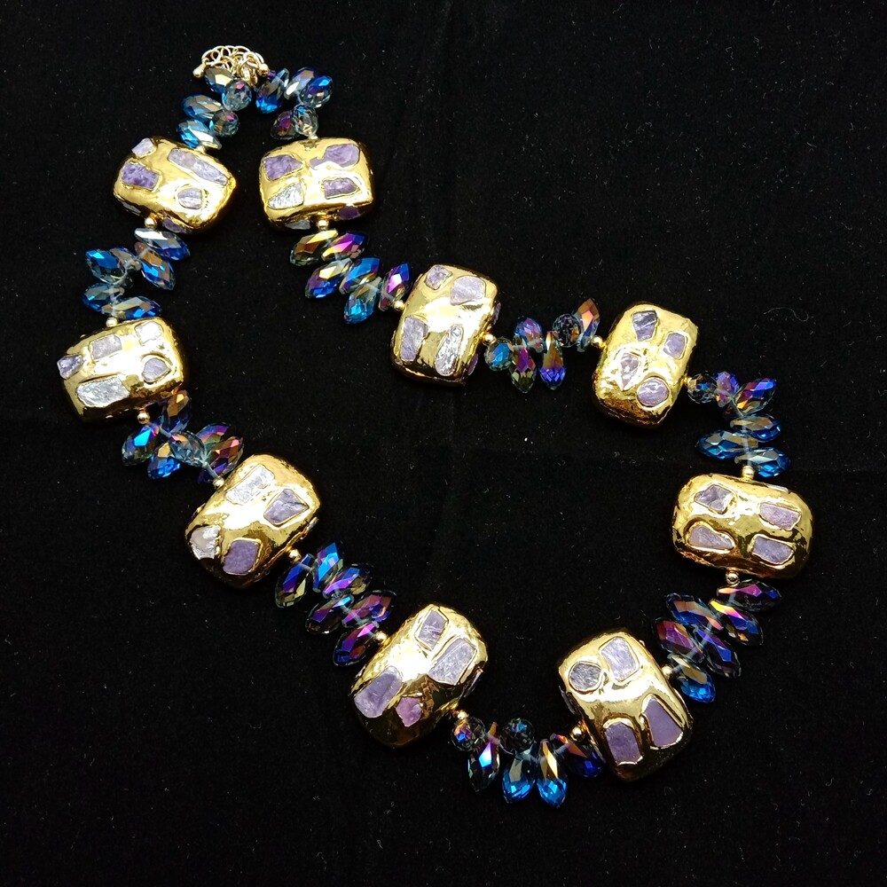 Natural Purple Charoite Chips Rectangle Choker Beaded Necklace