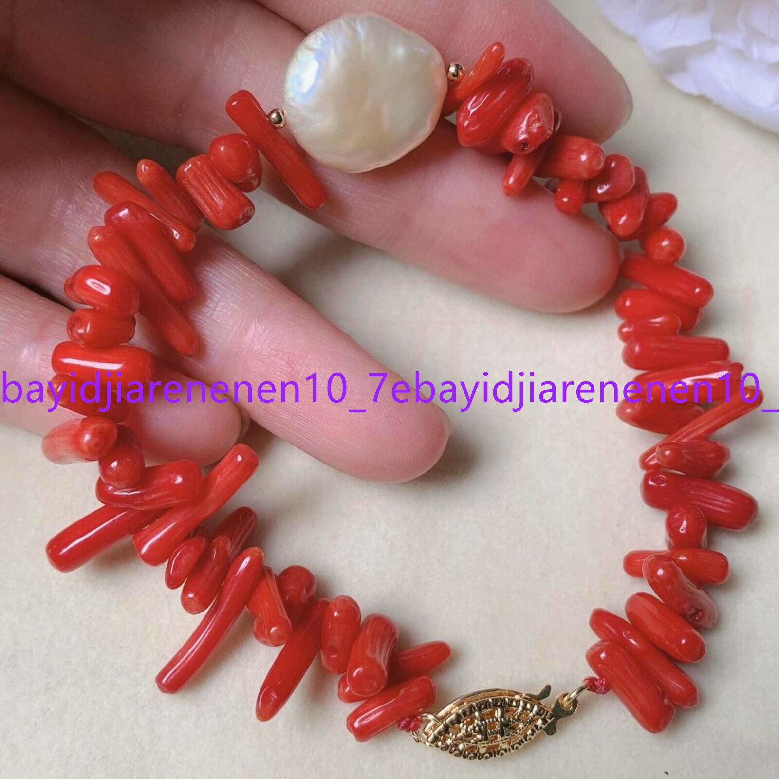 Natural 11-12mm White Coin Pearl & Red Coral Irregular Beads Bracelet 7.5 in