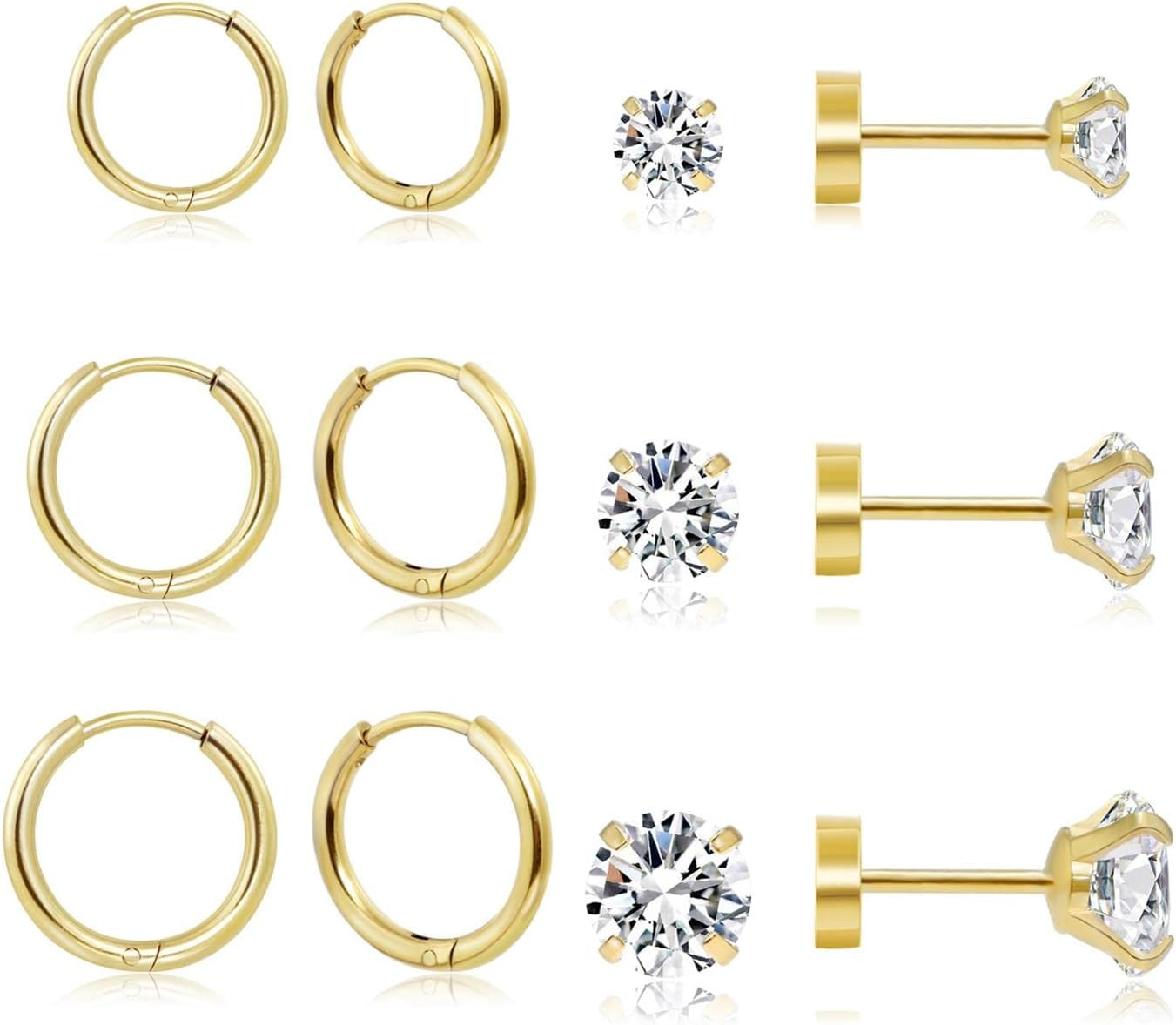 Dainty 6 Pairs Surgical Steel Earrings Sets for Multiple Piercing, Lightweight 1