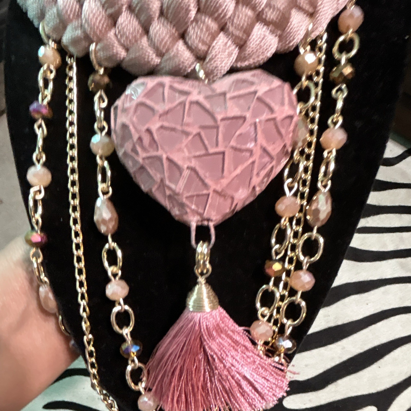 Pink Gold Statement Multi-Strand Necklace Heart Pendant Tassel Cable Chain