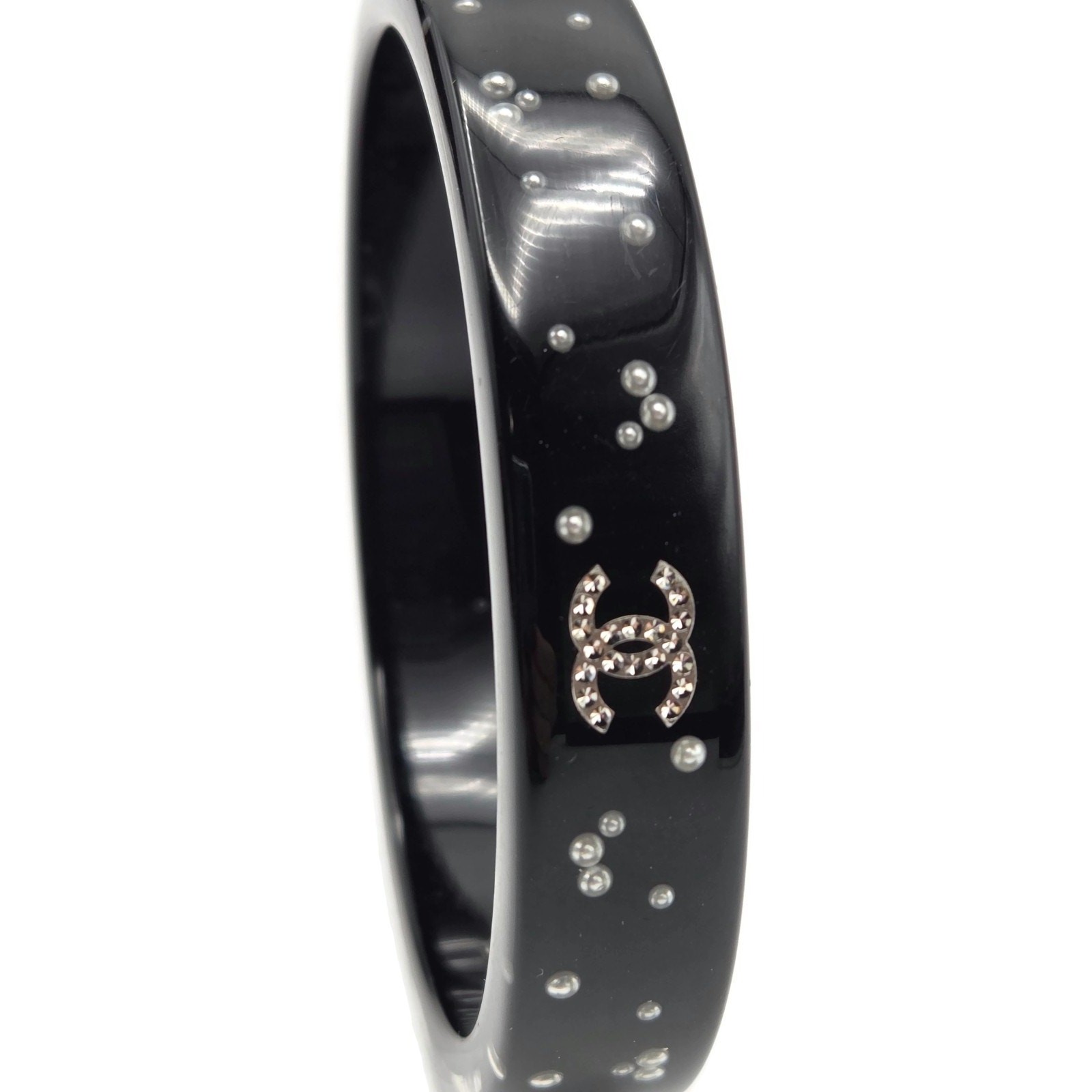 Chanel Black Resin Faux Pearl Crystal CC Logo Details Bangle Bracelet Jewelry