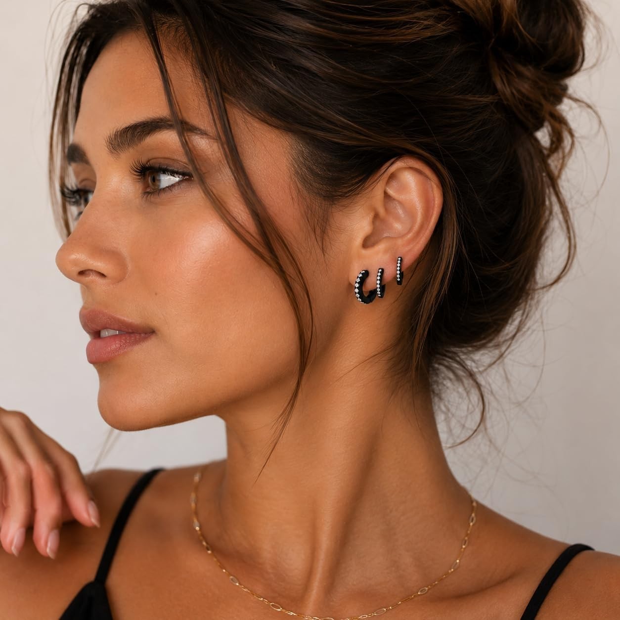 Elegant 3 Pairs Small Black Hoop Earrings with Cubic Zirconia – 8mm, 10mm, 12mm