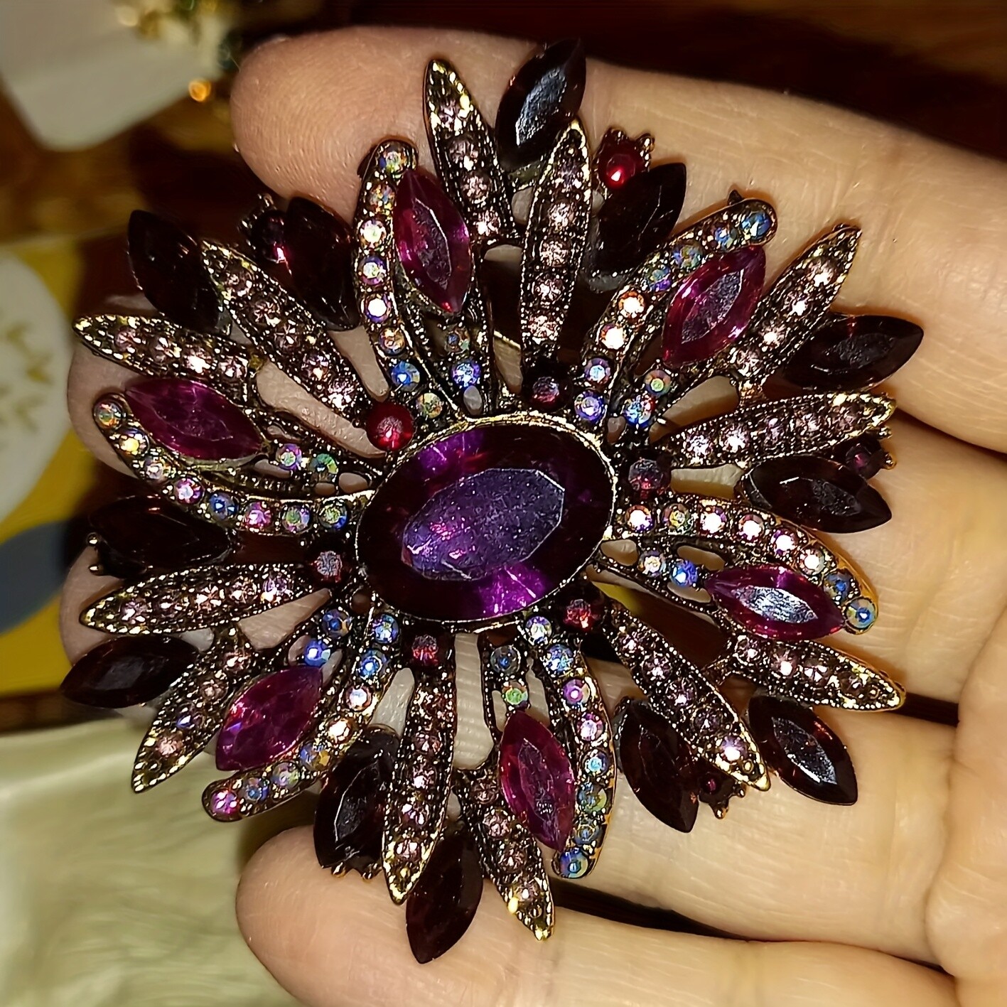 Vintage Style Large Sparkly Purple Flower Brooch Pin with Gemstones
