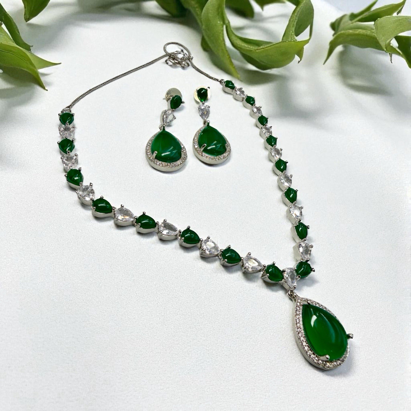 As Necklace Set Rhodium Finish With Emerlad Green Stones