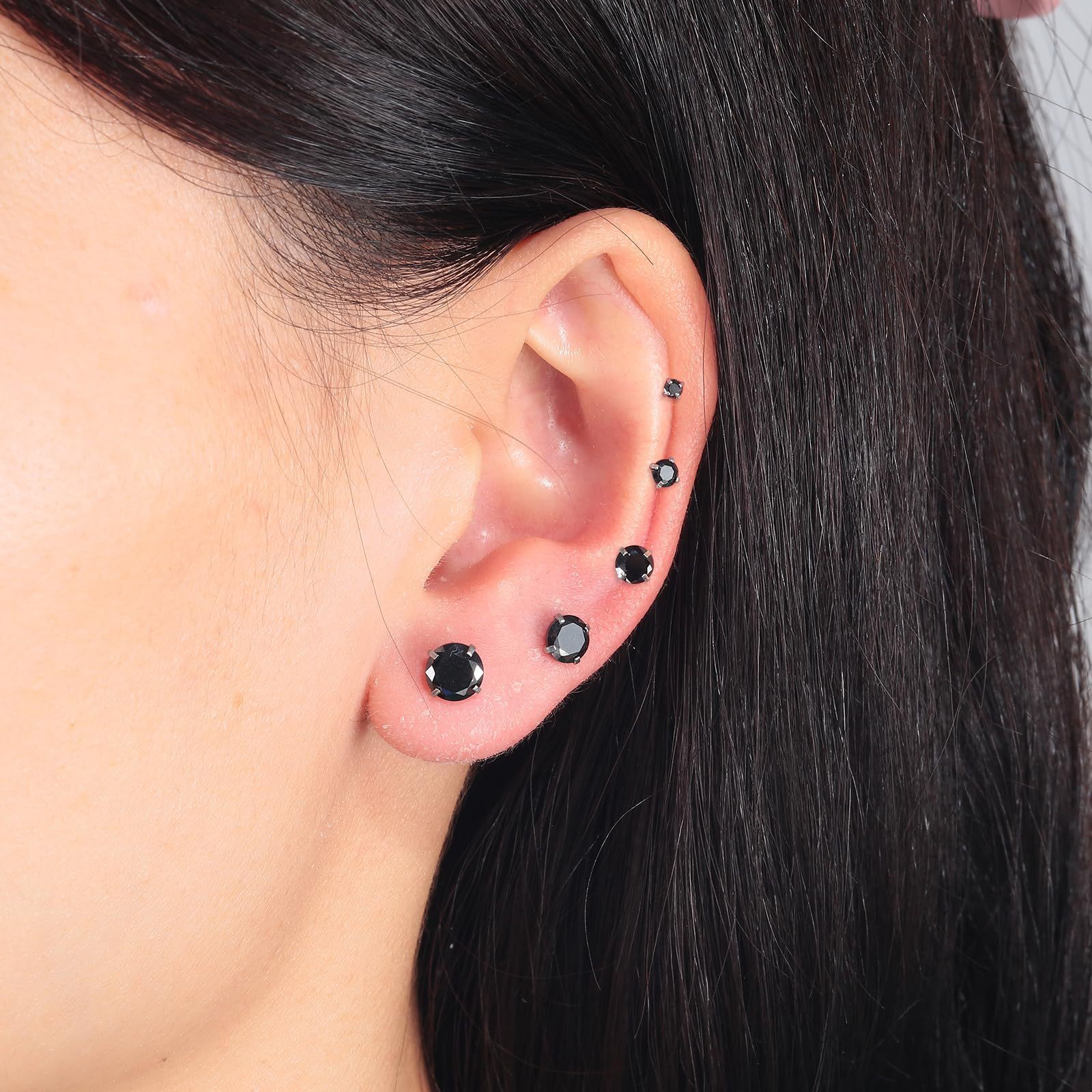 Women Men Silver Stainless Steel Round Black CZ Stud Earrings Screw Back Gift