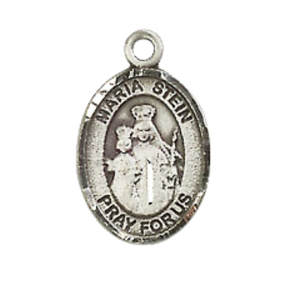 Small Pewter Maria Stein Medal Pendant 18″ Lobster Claw Chain Religious Necklace