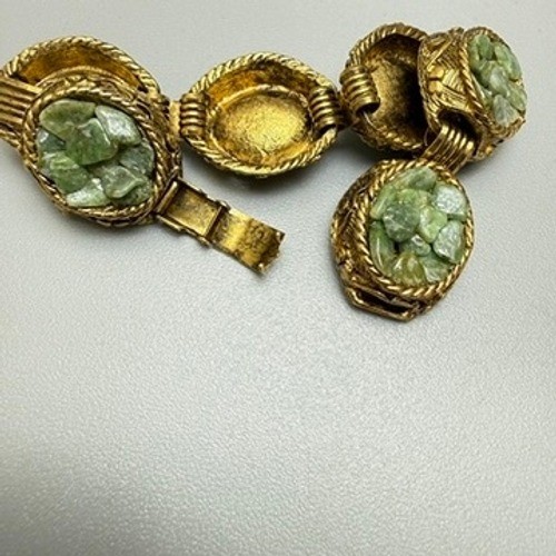 Vintage Gold Tone Green Stone Ring and Bracelet Set MCM Etruscan Revival Chic