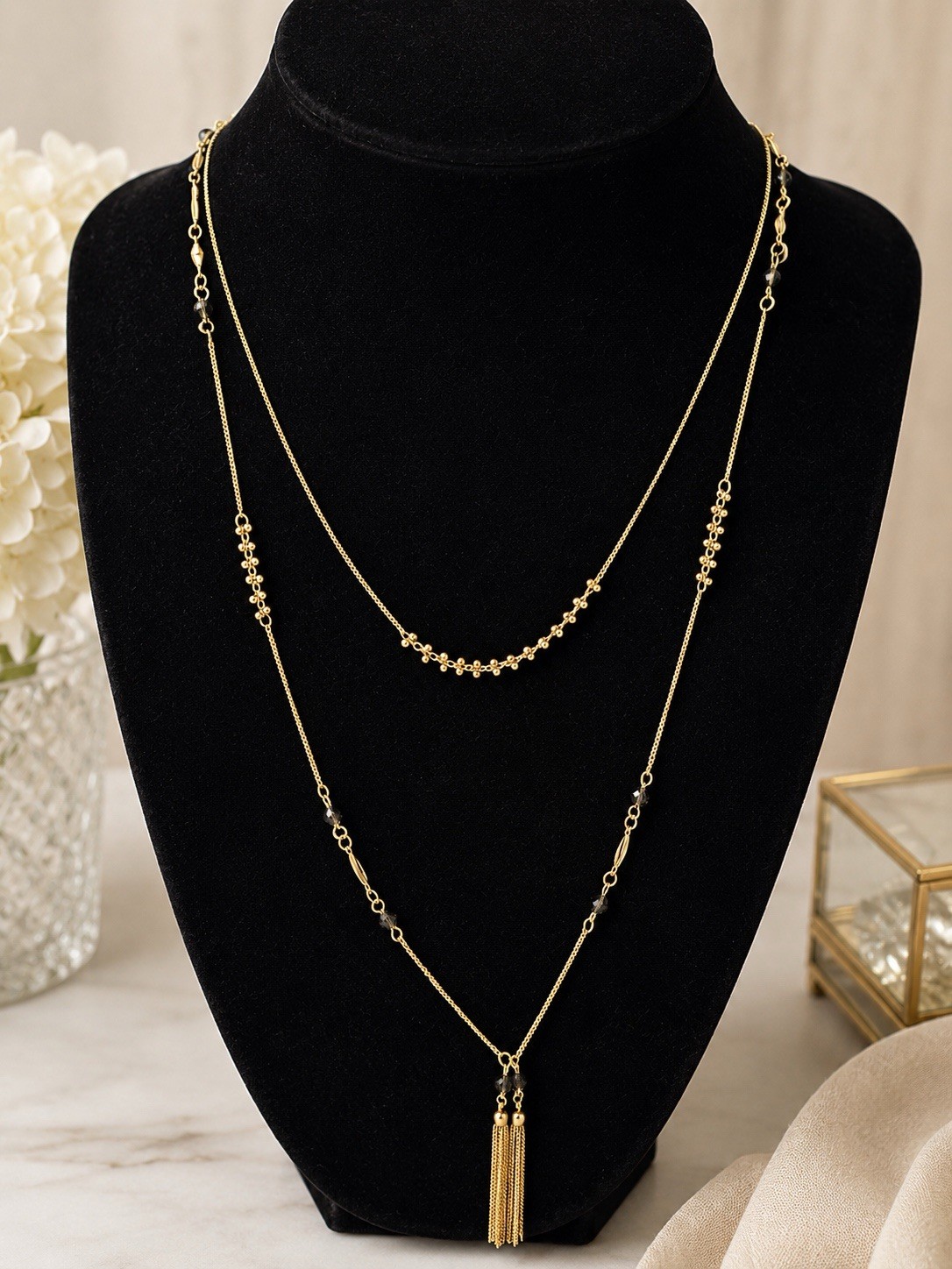 Gold Tone Layered Tassel Necklace Black Crystal Beads Adjustable Fashion Jewelry