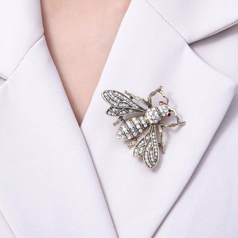 Large Antique Silver Bee Brooch Pin – Crystal Rhinestone Insect Lapel Pin, Gold