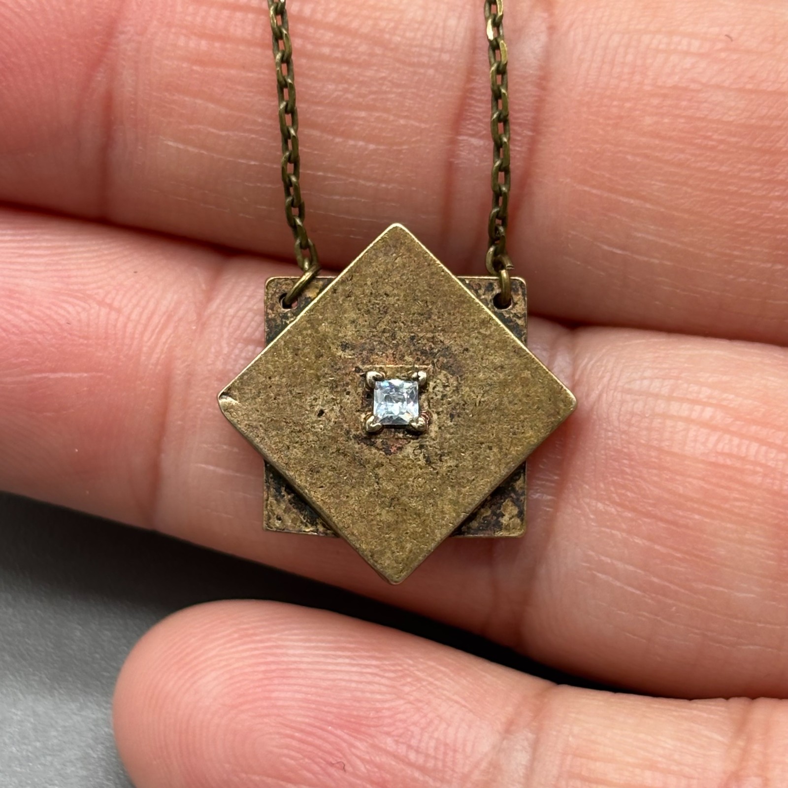 Geometric Square Pendant Necklace Brass Tone Crystal Accent Minimalist 20″