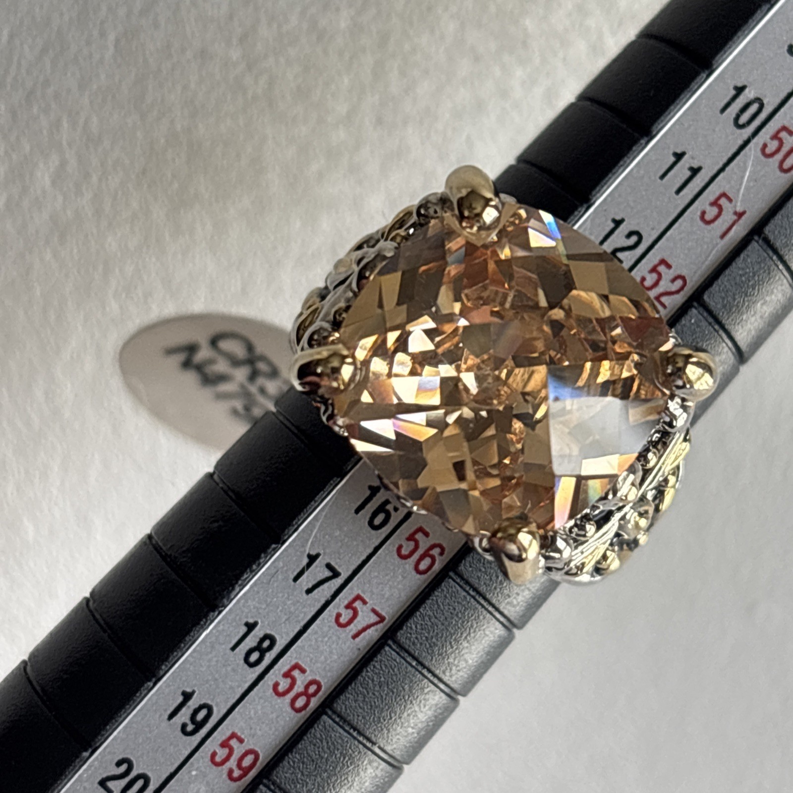 Inspirational Champagne Cushion Cut CZ Crystal Silver Gold Balinese Ring Size 7