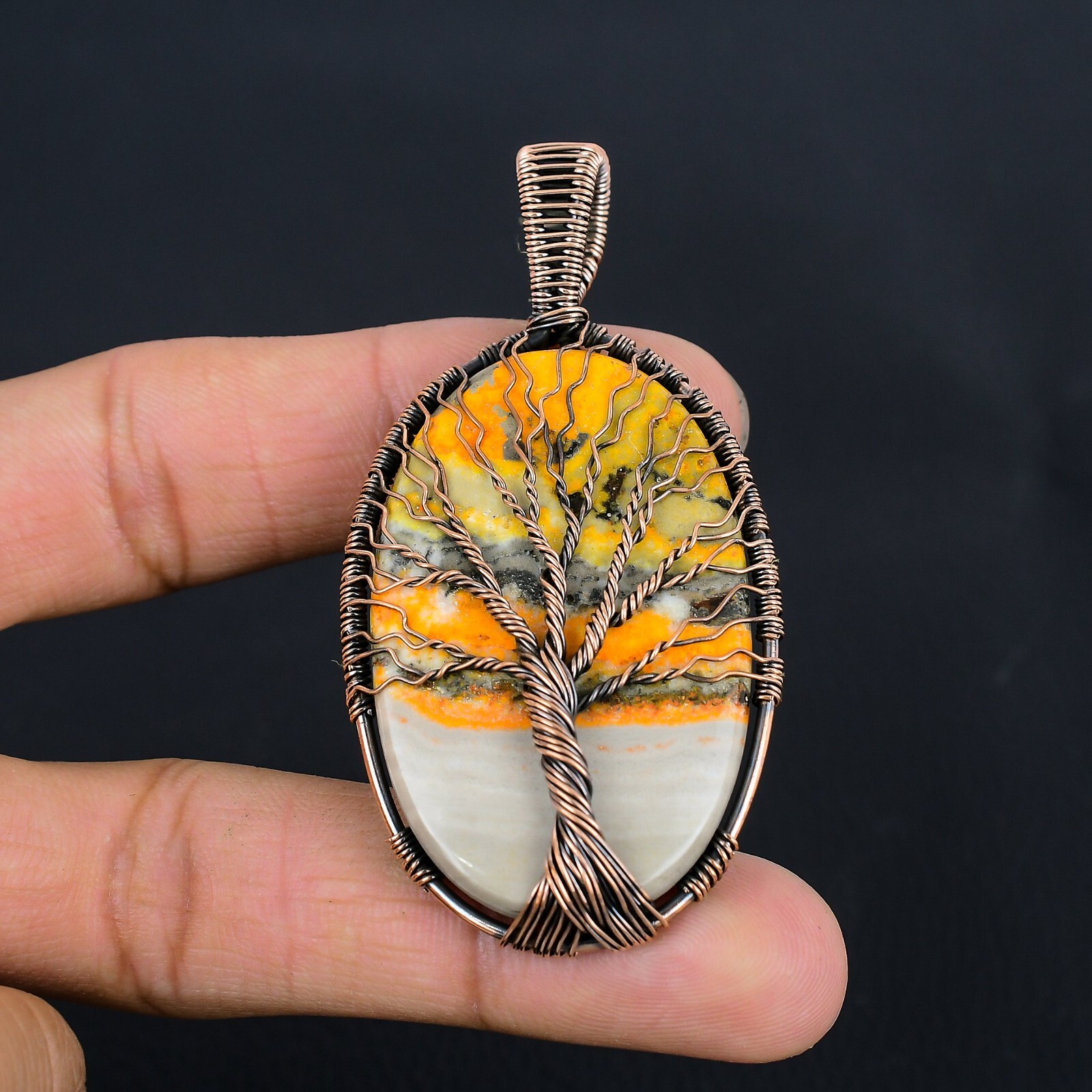 Tree Of Life Bumble Bee Jasper Gemstone Copper Wrapped Pendant Jewelry LC-236