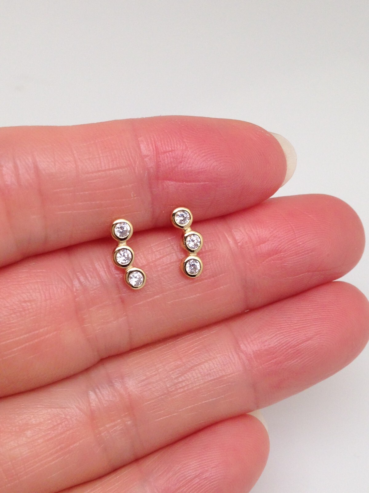 Three Stone Gold Bar Stud Earrings 925 Sterling Silver Curved Cz Bar Post 9mm