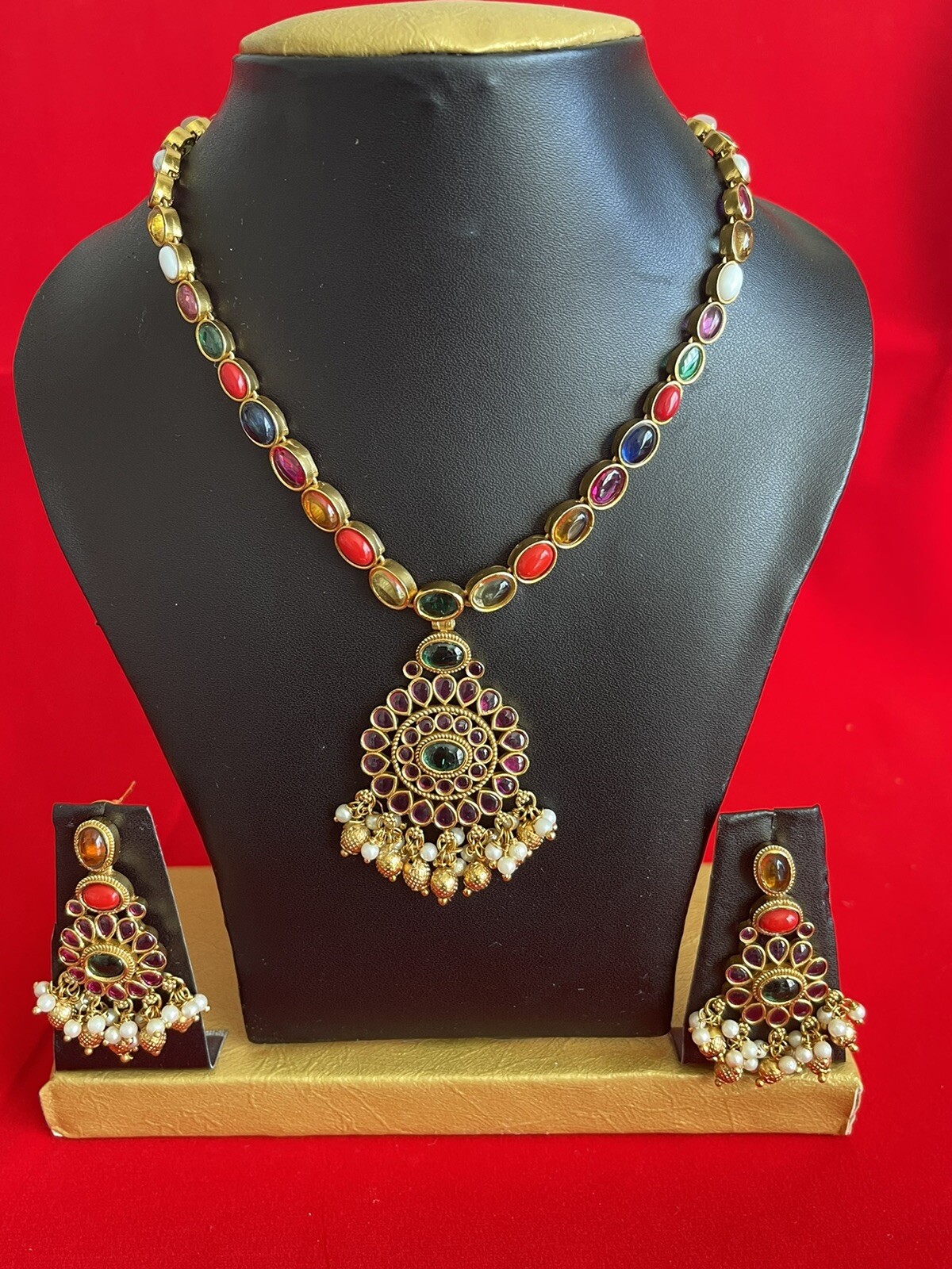 Navratan Indian Kundan Fashion Jewelry Gold Necklace Earrings Set