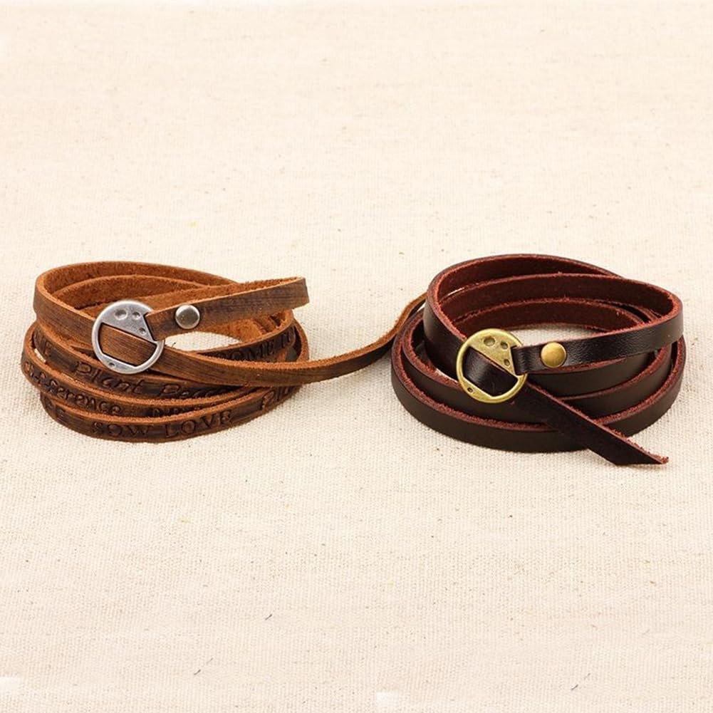 2PCS Genuine Leather Cuff Bracelets Adjustable Cowhide Leather Boho Layered Arm