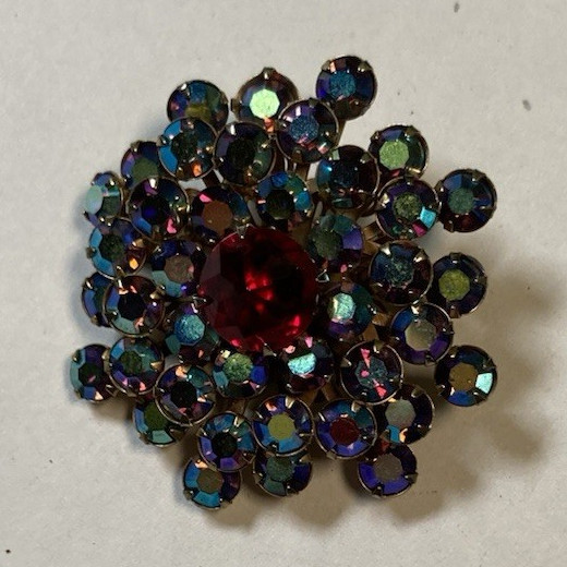 Aurora Borealis Flower Brooch Pin w/ Red Round Center Stone