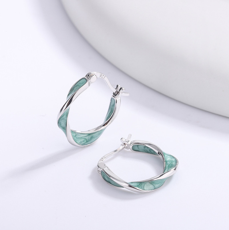 S925 Sterling Silver Twist Enamel Ribbon Click Top Hoop Pierced Earrings Box A28