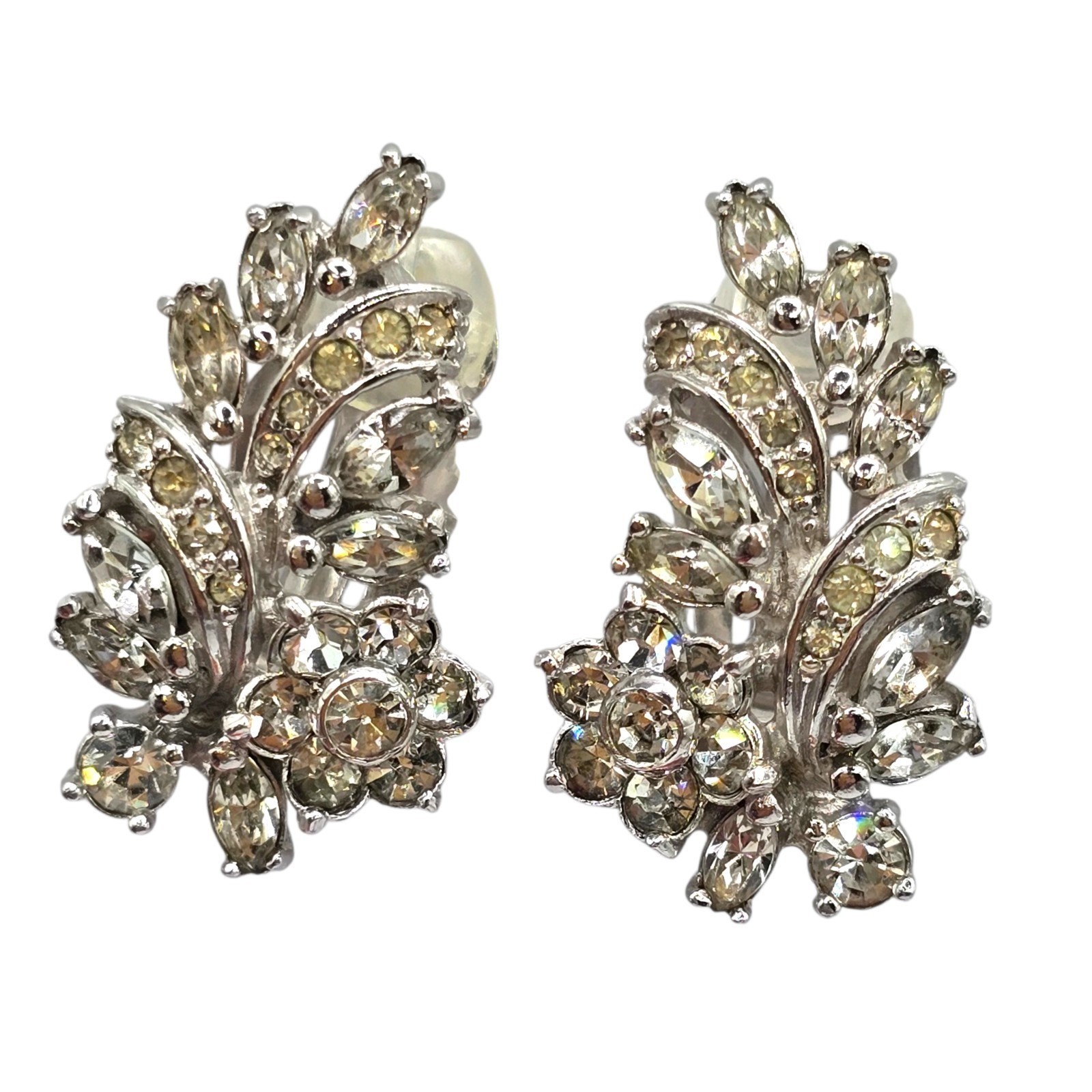 Earrings Vintage Floral Spray Signed Pennino Crystal Circa 1950s Pat 156452