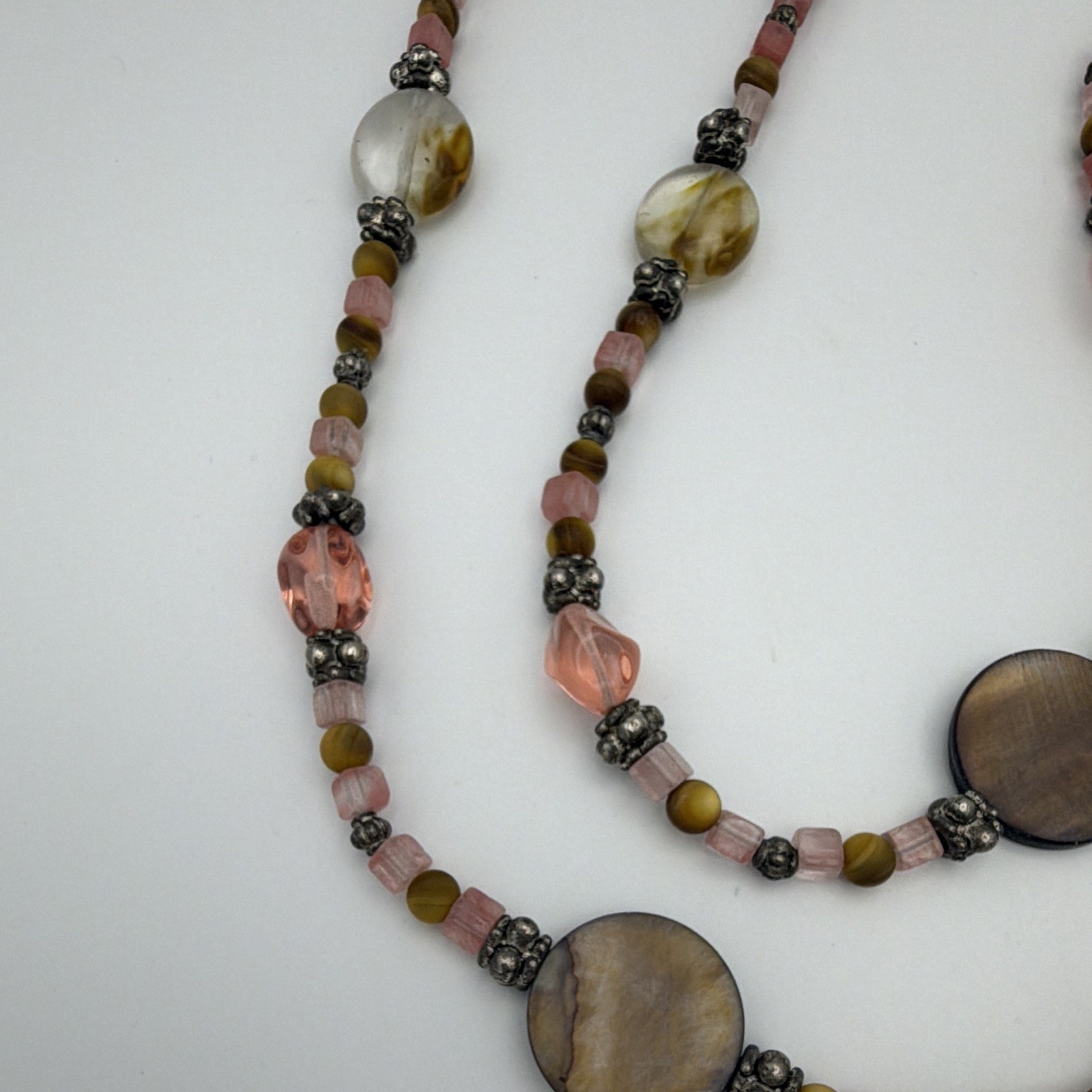 Pink and Brown Glass & Metal Beaded Necklace Ball/Bead Chain Hook Closure 34”