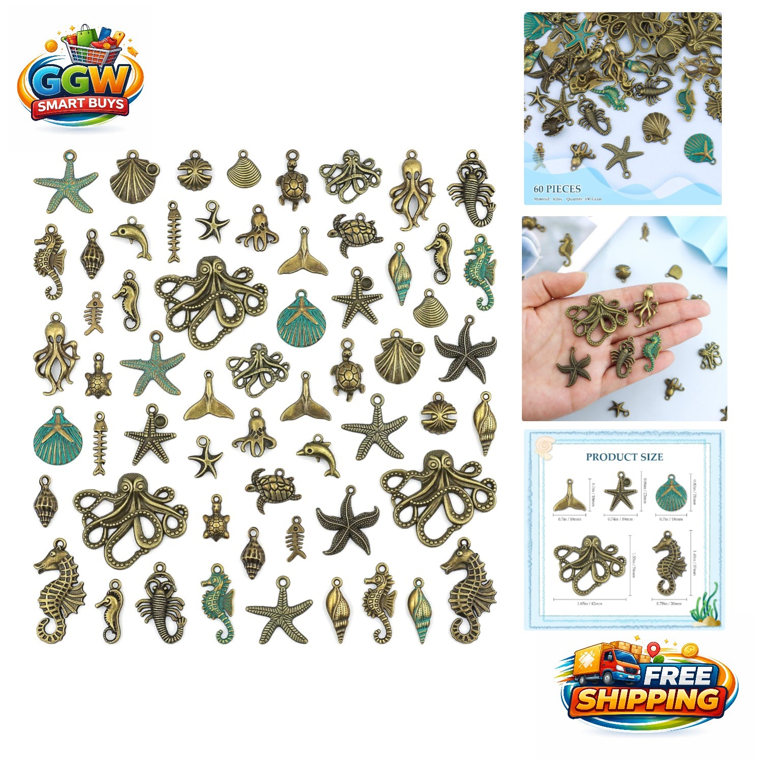 Assorted Ocean-Themed Bronze Charms – 100g for Custom Jewelry Creations