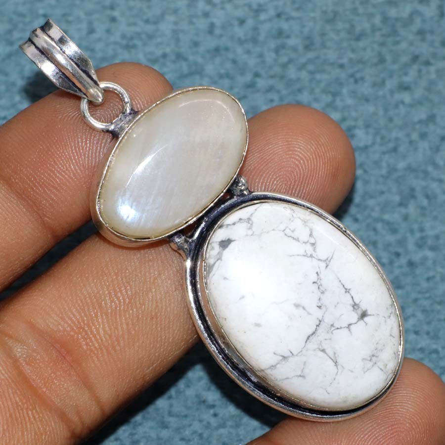 Long Howlite Sri-Lankan Moonstone 925 Silver Plated Pendant 2.3″ Women Gifts JW