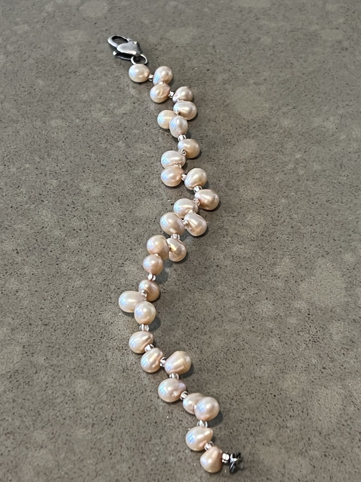 Freshwater Champagne Peach ￼Pearl Bracelet Sterling 925 Baroque 7.5” 8.6g Heart