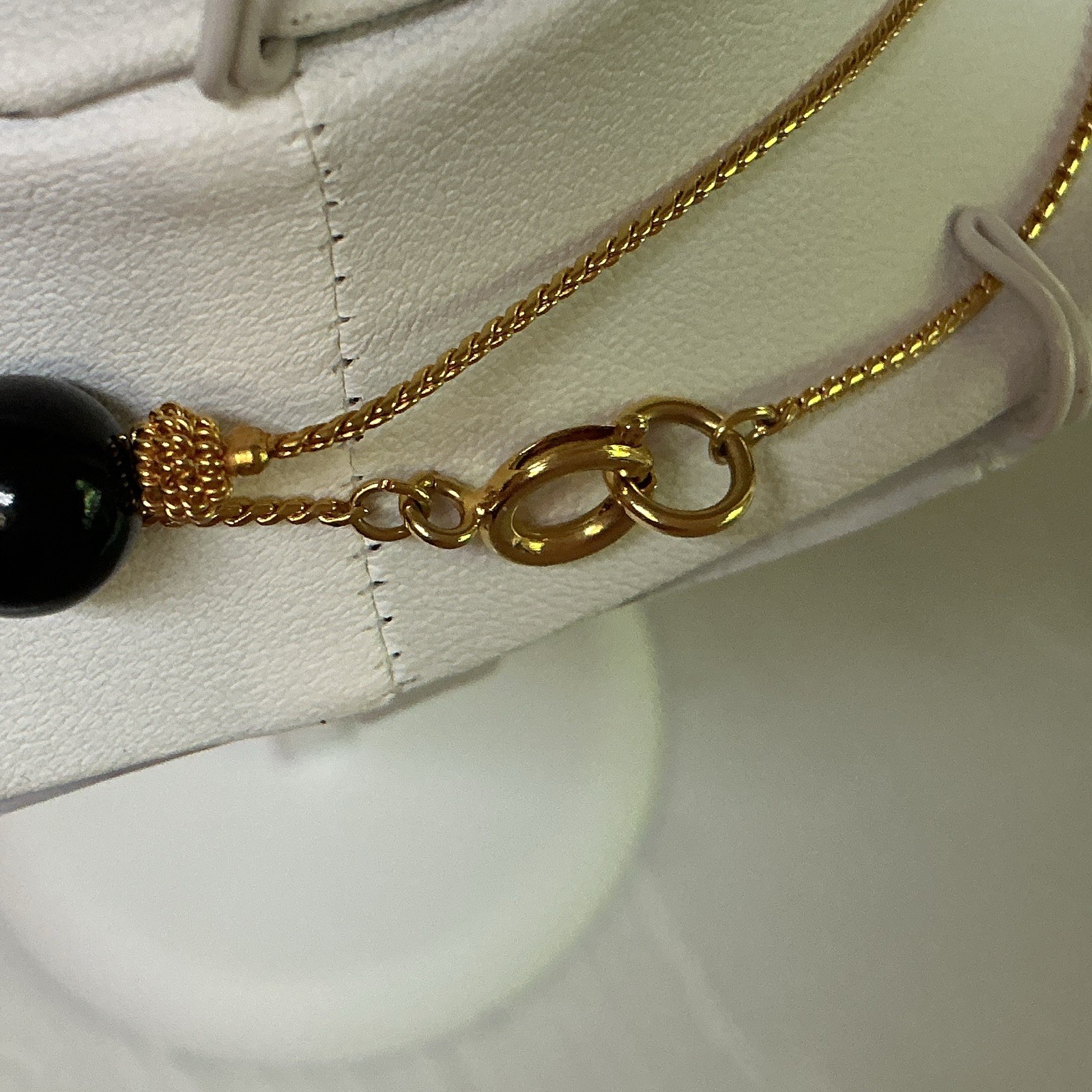 Gold Tone Double Strand Rope Chain Necklace Black Beads Lobster Clasp 42”