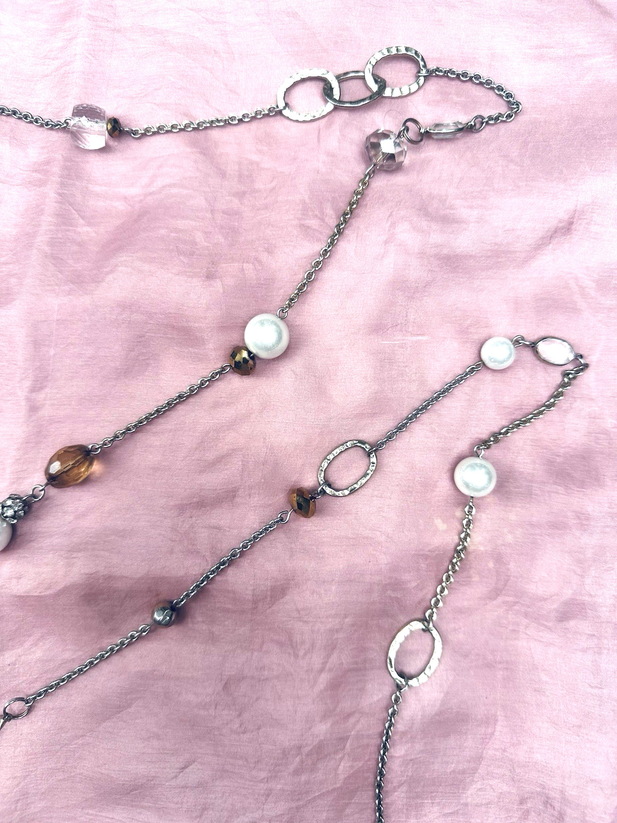 Silver Tone Vintage Style 72” Pearl Clear Crysta Station Necklace Hammered Link