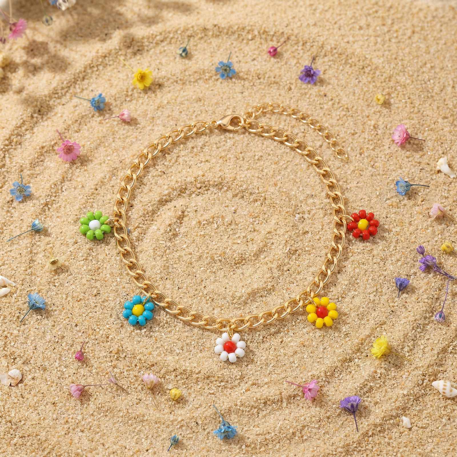 Gold-Tone Colorful Flower Charm Anklet Women Boho Beach Summer Adjustable Gift