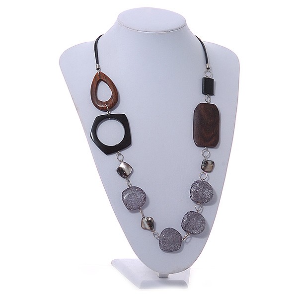 Brown/ Grey Acrylic Wood Bead Black Cord Cotton Necklace – 74cm Long