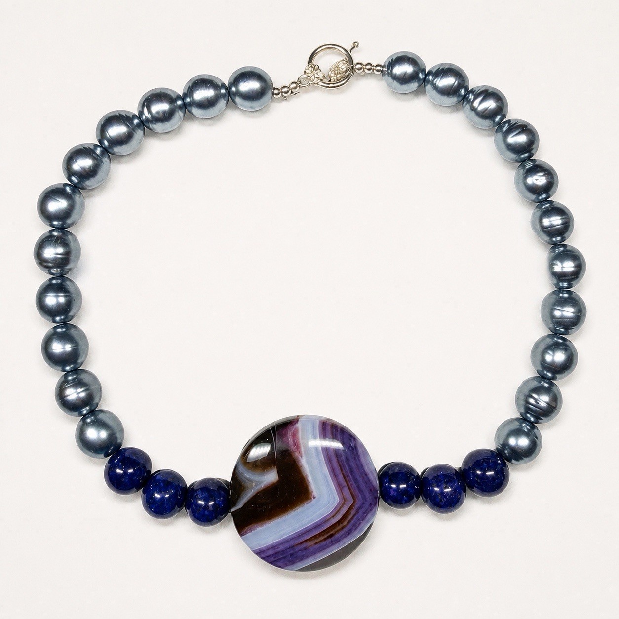 Artisan Banded Purple Agate Statement Necklace Pearl Beads Silver Clasp OOAK