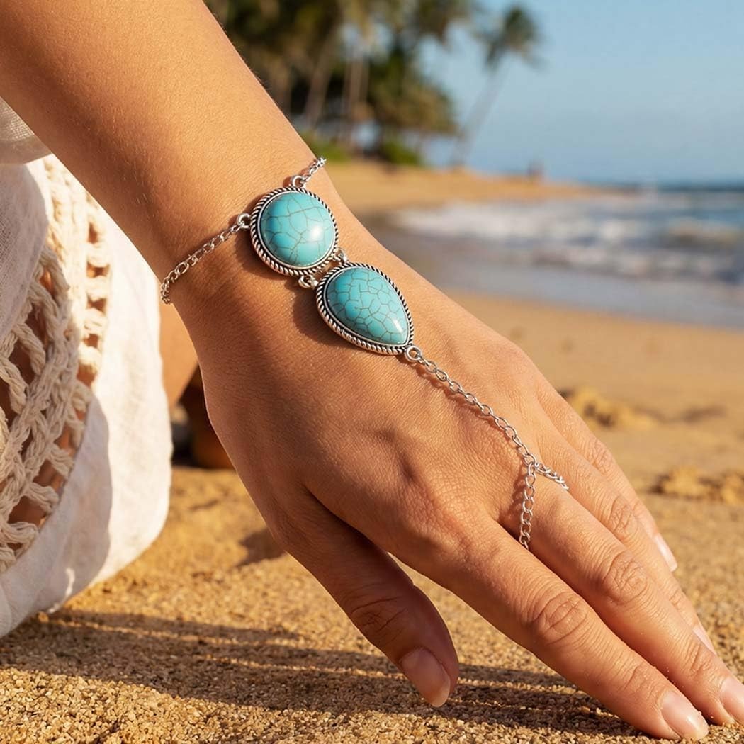 Pack of 2 Adjustable Turquoise Hand Chain Jewelry for Women – Chic Accessories