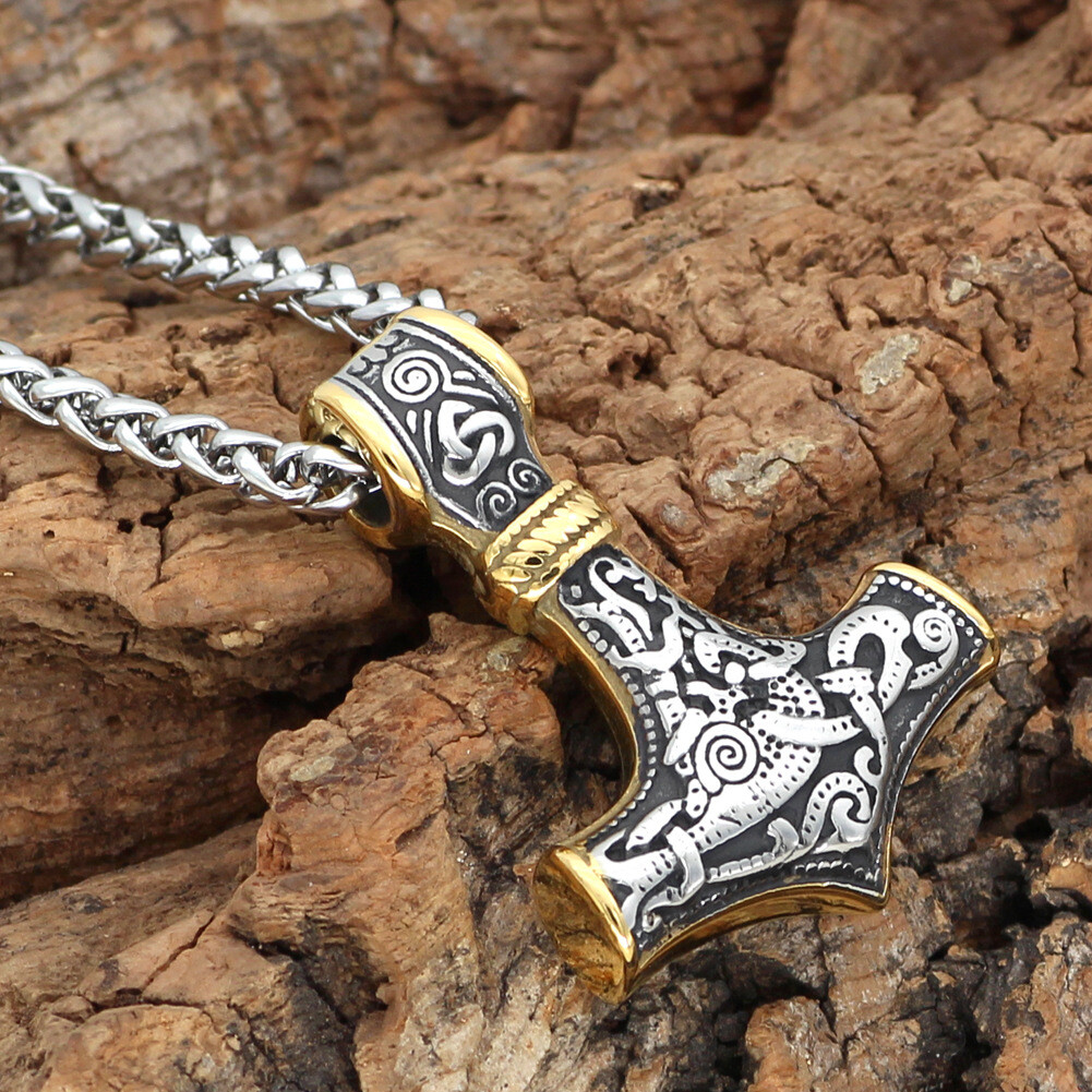 Men’s Stainless Steel Nordic Viking Wolf &Thor Hammer Mjolnir Pendant Necklace