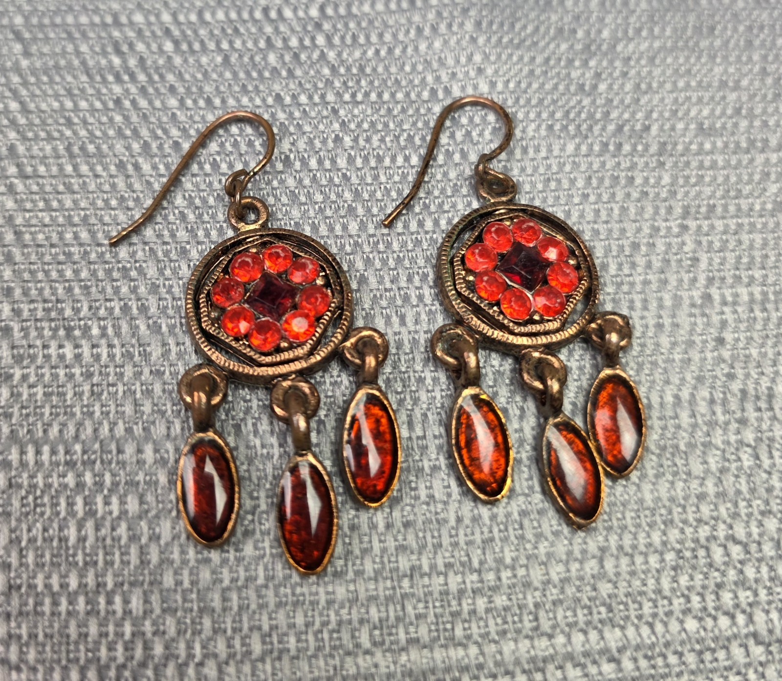 Michal Negrin Earrings Red & Dark Amber Crystals Brass Dangling Antique Lot Of 2