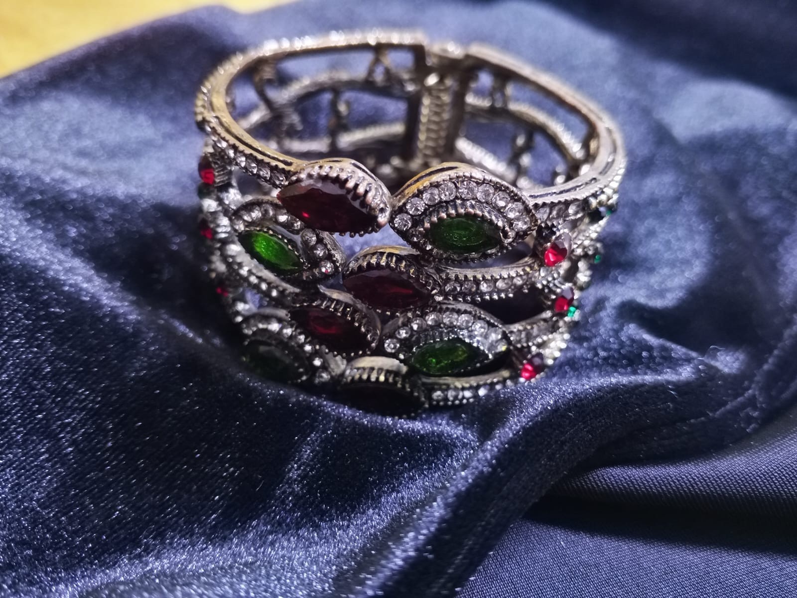 Vintage style Antique Bronze Tone Cuff Bracelet Red Green Rhinestone