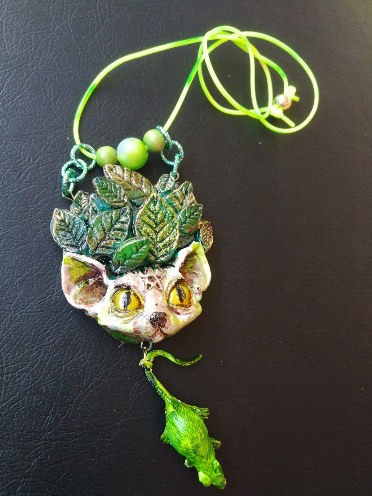 Green Witch Wicca Talisman Celtic Amulet Pendant Charm Forest Leaf Cat Nature