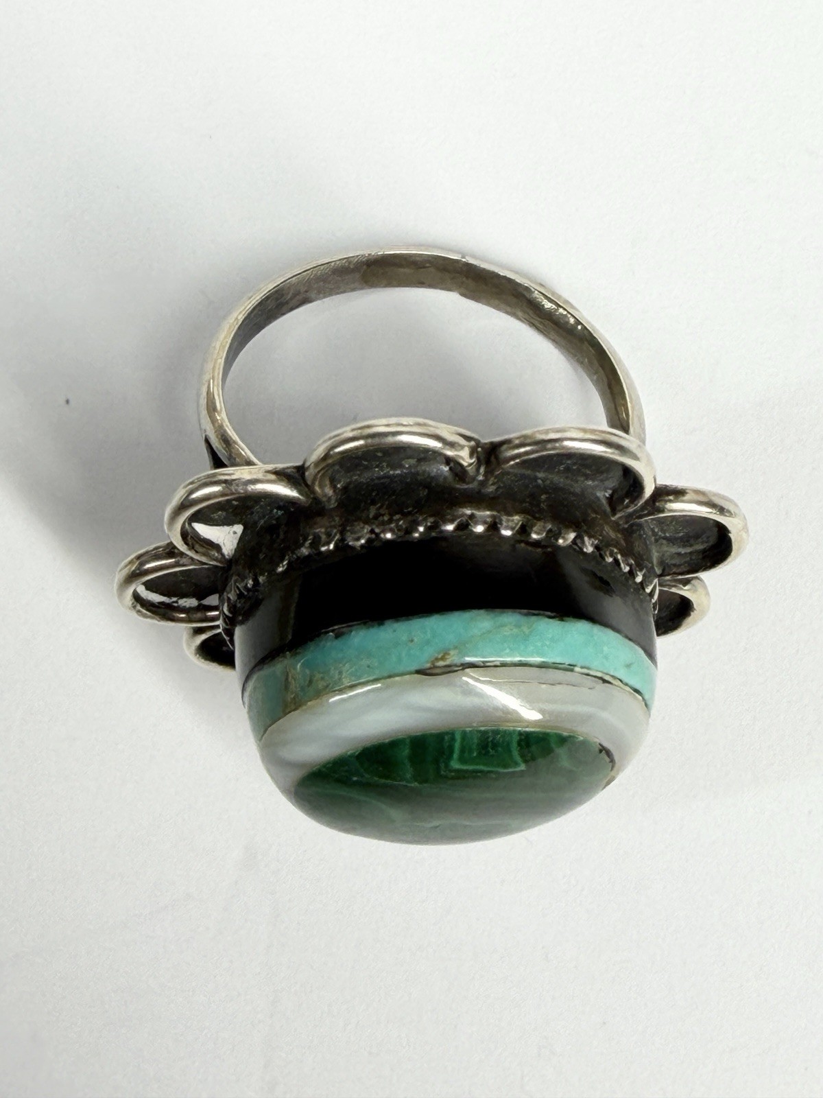 Vintage Navajo SC Sterling Silver Multi Stone Inlay Ring Size 7